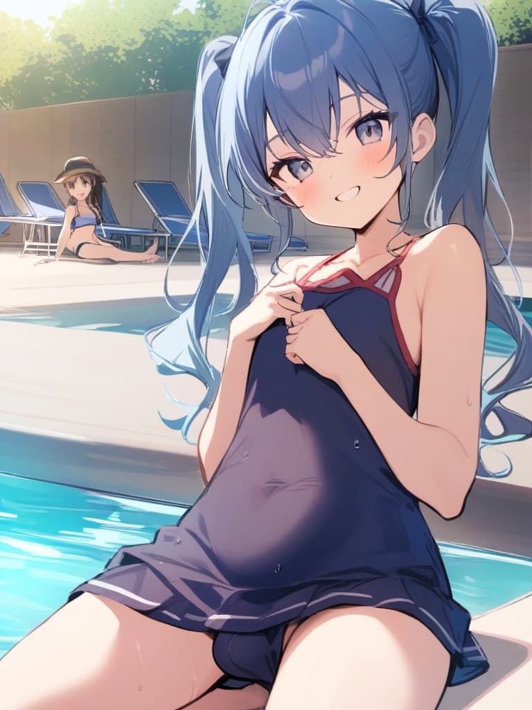  women's elementary students, twin tails, rich smiles, cute smiles, navy blue swimwear, old swimwear, swimwear, simple, male, shaped clear , shaped clear, clear stem, shaped crisp, male bulge,, front. the whole body, pool side,