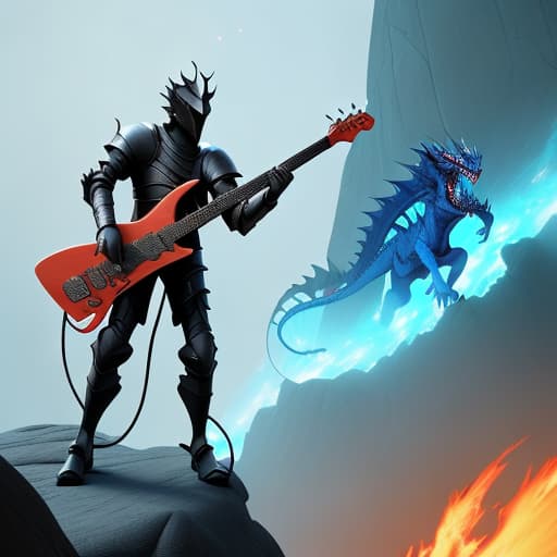  A 3D concept art style image of a knight holding an electric guitar while facing a fire-breathing dragon on a cliff