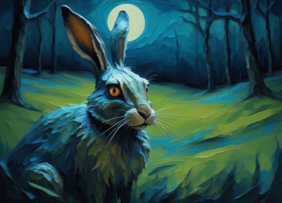  abstract creepy hare against a natural background, significant (impasto:1.4) creates a textured, almost three dimensional effect. in style of fairytale, horror, surrealism, mystical, textural, scary, night, werewolf. color palette in cool shades of blue and green contrasting with the warm light of the moon. (dynamic bold brush strokes). cabin in the background. the overall atmosphere is mysterious, fairytale like and creepy.