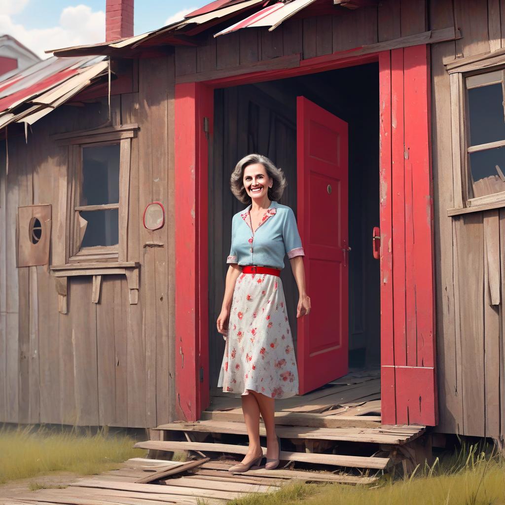  middle aged woman on the threshold of a dilapidated wooden house, smiling, distant picture, red door, colored comic book style