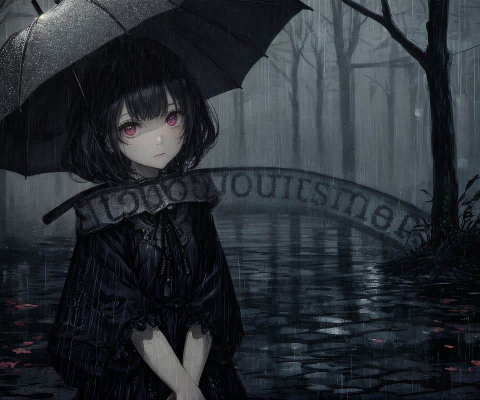  a dying girl in the rain with an umbrella at a dark place where only fear is to be found, hq, hightly detailed, 4k