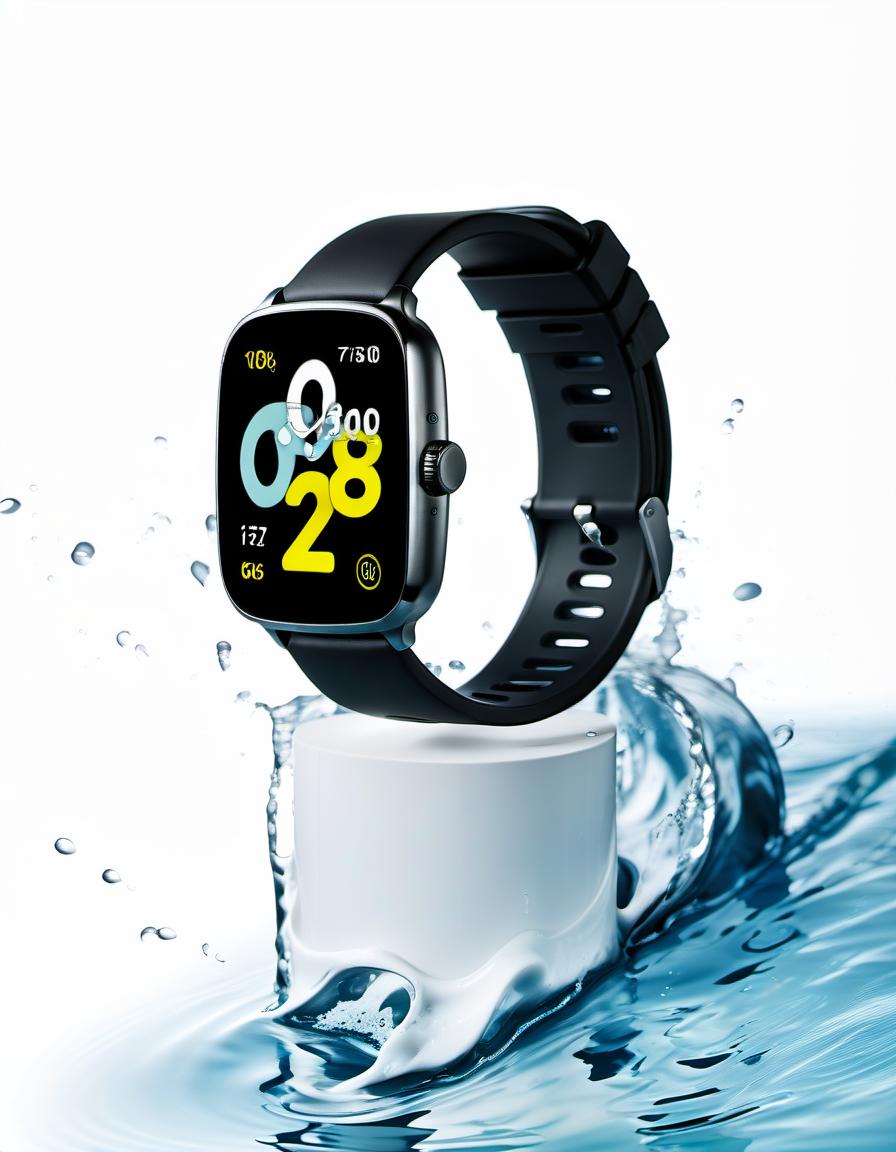  smart watch on stand, around water splash, light background, film photography style