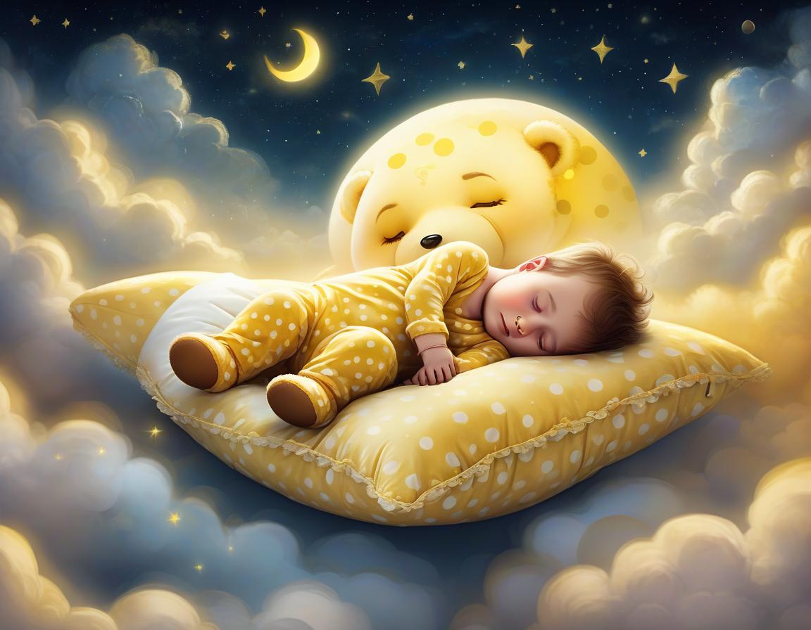  a little baby boy in yellow polka dot pajamas sleeps sweetly on a big soft pillow hugging a teddy bear, and the pillow magically flies and hovers over a fabulous night city, flying over the clouds that slightly cover the fabulous crescent moon in the sky, fairytale atmosphere, high quality image with paints using digital painting