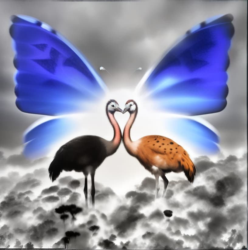  a colorful abstract picture of, two ostriches with bold eyes, forming a face and a body of another flying butterfly at their back, , hyperrealistic, high quality, highly detailed, cinematic lighting, intricate, sharp focus, f/1. 8, 85mm, (centered image composition), (professionally color graded), ((bright soft diffused light)), volumetric fog, trending on instagram, HDR 4K, 8K