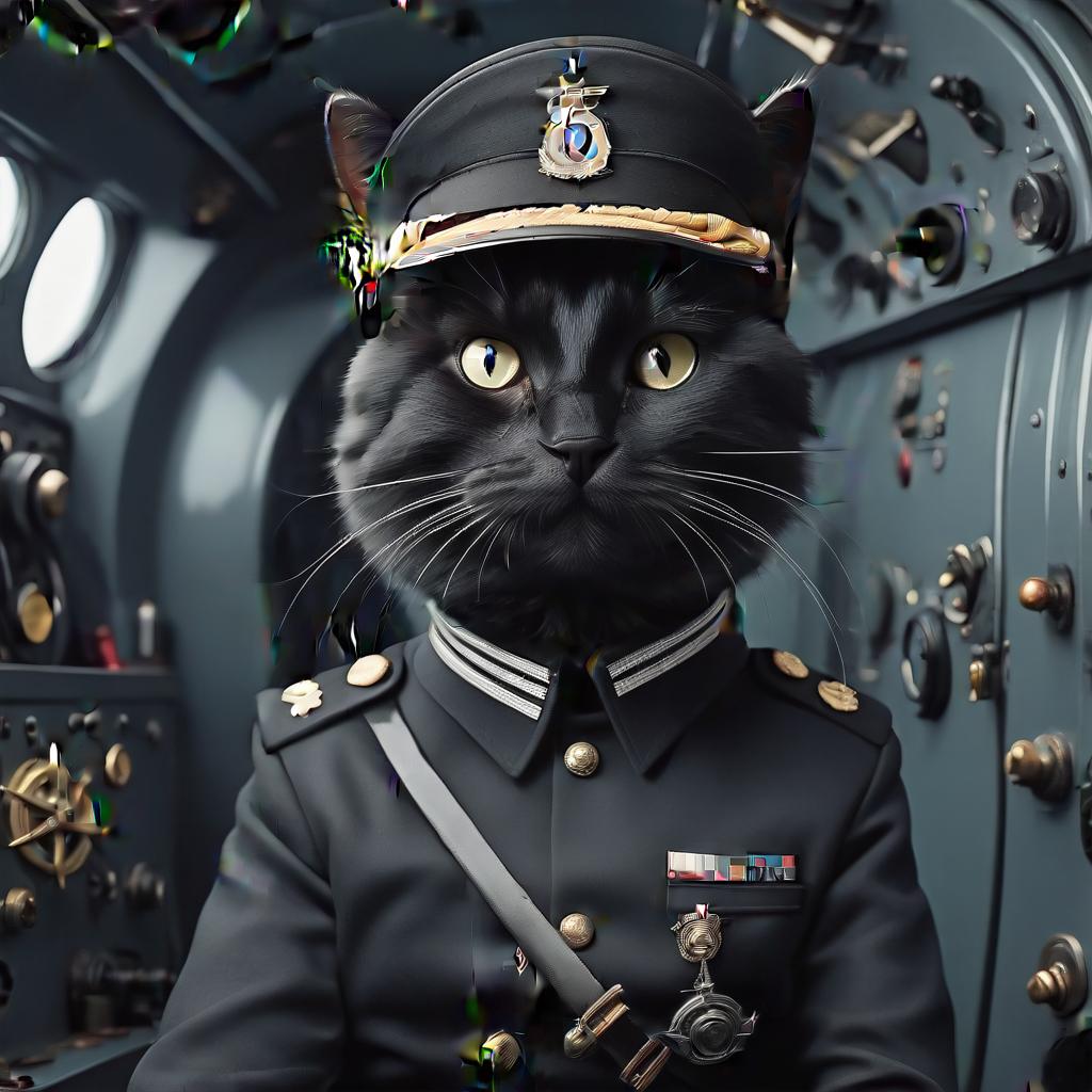  a furry black cat in the style of a german captain from the second world war, in a submarine