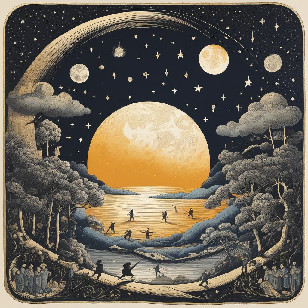  masterpiece, best quality, "Design a background featuring a giant, glowing moon in the sky with small figures below pointing and laughing at it. The moon rises higher, surrounded by stars, representing a grand dream, while the figures on the ground appear insignificant in its light."