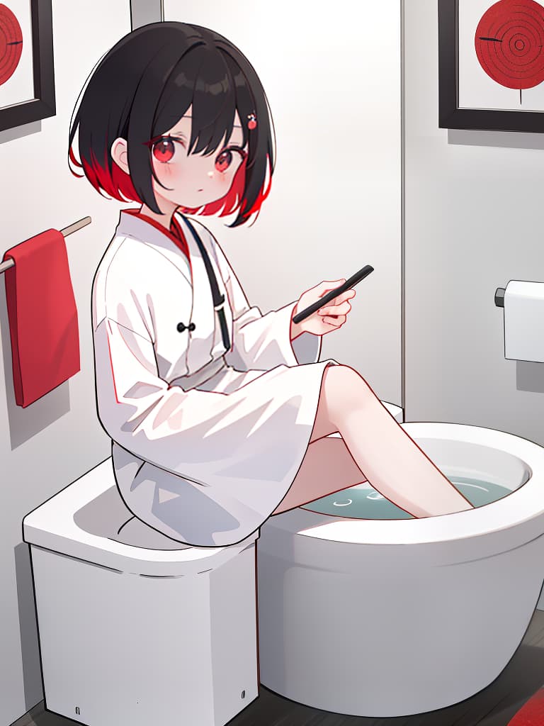  hanako in the toilet, red , black bob, toilet, dubious atmosphere, youkai, white shirt, masterpiece, best quality,8k,ultra detailed,high resolution,an extremely delicate and beautiful,hyper detail