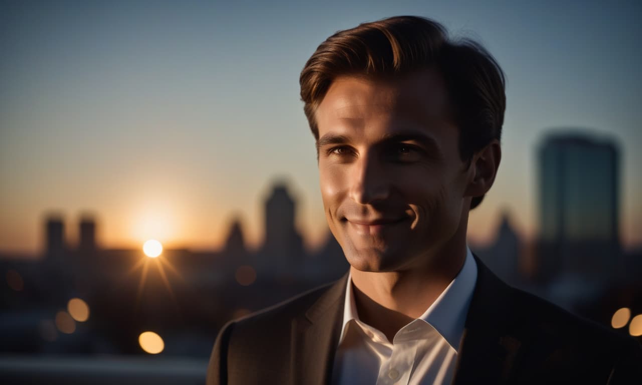  cinematic film still sunrise in the background, a piece of sun is visible, in the foreground a man in a suit on the side, looks at the camera, the face is illuminated by a searchlight from the front, slightly smiles, close up face, photorealism, in the background the city's silhouette in a blurred focus is slightly dark. . shallow depth of field, vignette, highly detailed, high budget, bokeh, cinemascope, moody, epic, gorgeous, film grain, grainy