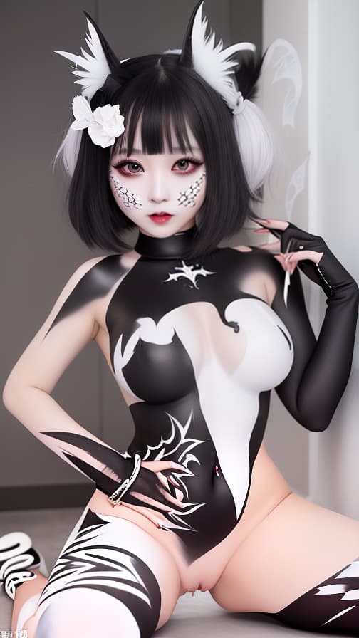  White bat pattern body paint in every corner of the body, Blark body paint all over the body, Blark face paint on the face, Two succubus sisters, full body image 女性