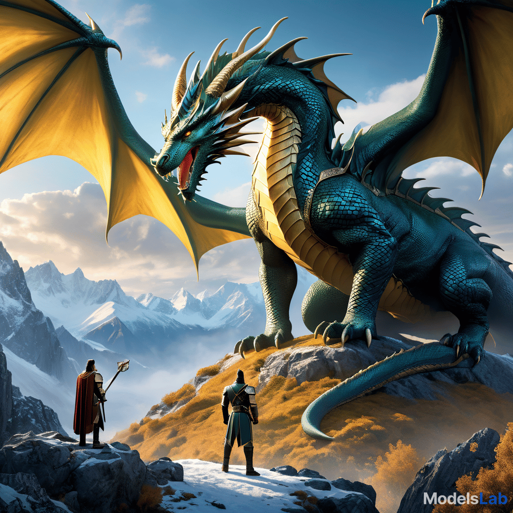  illustrate the confrontation between prince léo and the dragon at the mountain's edge. prince léo, in his knightly armor with blue and gold accents, stands courageously facing a large, majestic dragon with emerald green scales, piercing yellow eyes, and imposing wings. the dragon appears more curious than menacing, with a gentle expression. they are surrounded by rocky terrain and a dramatic mountain backdrop under a twilight sky. prince léo extends a hand in peace, while the dragon tilts its head, symbolizing their attempt to communicate and resolve the conflict peacefully. hyperrealistic, full body, detailed clothing, highly detailed, cinematic lighting, stunningly beautiful, intricate, sharp focus, f/1. 8, 85mm, (centered image composition), (professionally color graded), ((bright soft diffused light)), volumetric fog, trending on instagram, trending on tumblr, HDR 4K, 8K