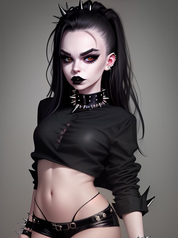  girl in a spiked collar and bracelet, black lips, black long shirt, no pants, no pants, beautiful