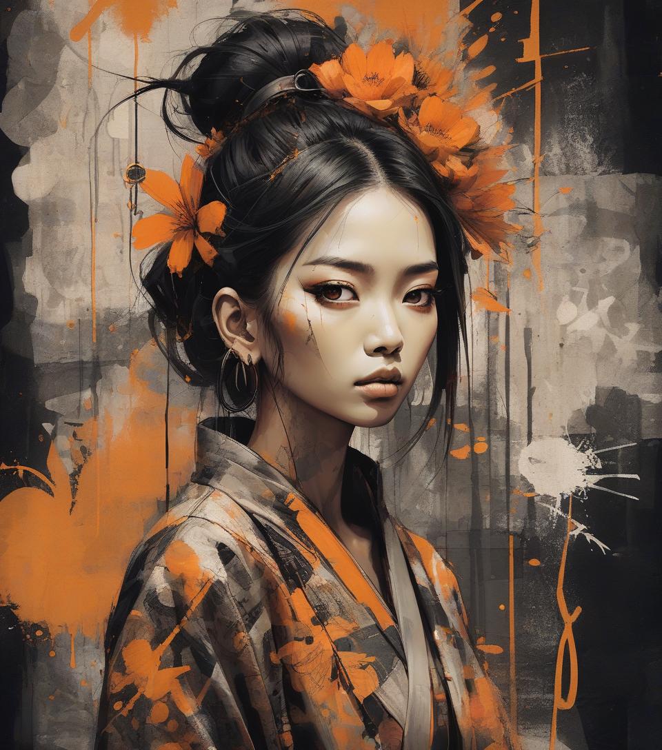  concept art asian woman, beautiful face, black and orange color tones, wabi sabi art, abstract , punk collage , urbanpunk, flowerpunk, random textures, random graffiti strokes, kanji characters, surreal artwork, impermanence . digital artwork, illustrative, painterly, matte painting, highly detailed