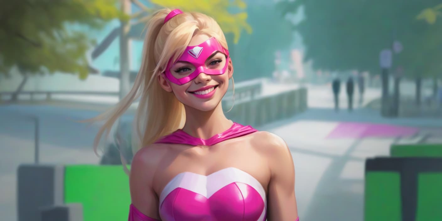  concept art superheroine, young woman, blonde hair with pink streak, pink mask, hairstyle high ponytail smile . digital artwork, illustrative, painterly, matte painting, highly detailed