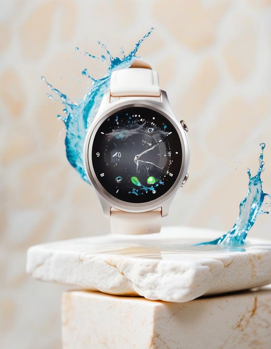  smart watch on white stone, in the background splashing water, light background, film photography style