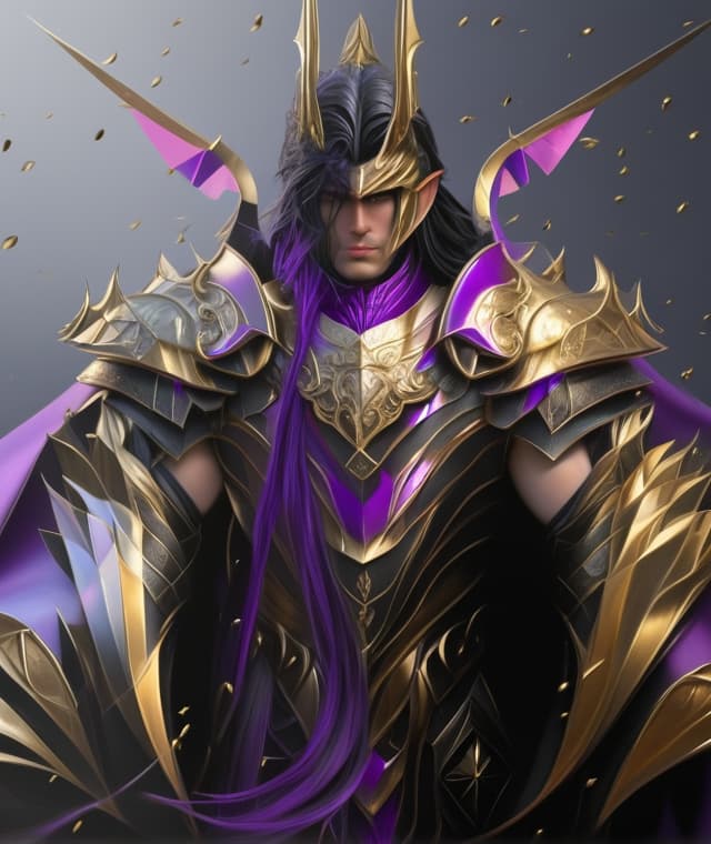  feminine man, long black hair, purple and gold armor photo realistic, highly intricate and detailed, masterpiece, ultra high res,photography,8k resolution