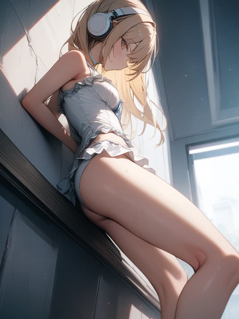  white swimwear, blonde twin tail, pose that shows your back, poses protruding , poses on the wall, foot, whole body, frill paleo, white headphones, masterpiece, best quality,8k,ultra detailed,high resolution,an extremely delicate and beautiful,hyper detail