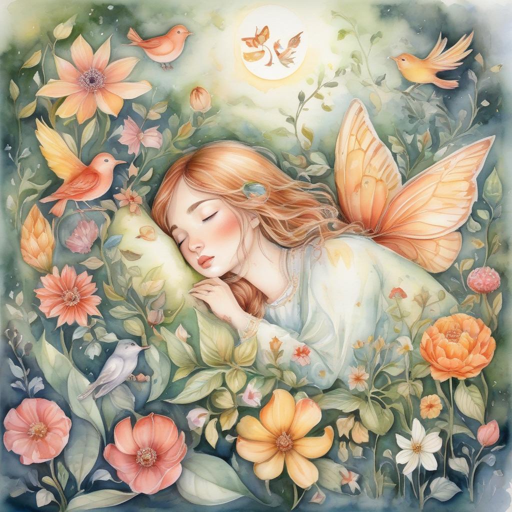  fairy tale (watercolor: 1.4) a girl sleeps inside a flower. fabulous flowers, magical forest, unusual birds, zorina baldescu style . magical, fantastical, enchanting, storybook style, highly detailed, hkmagic