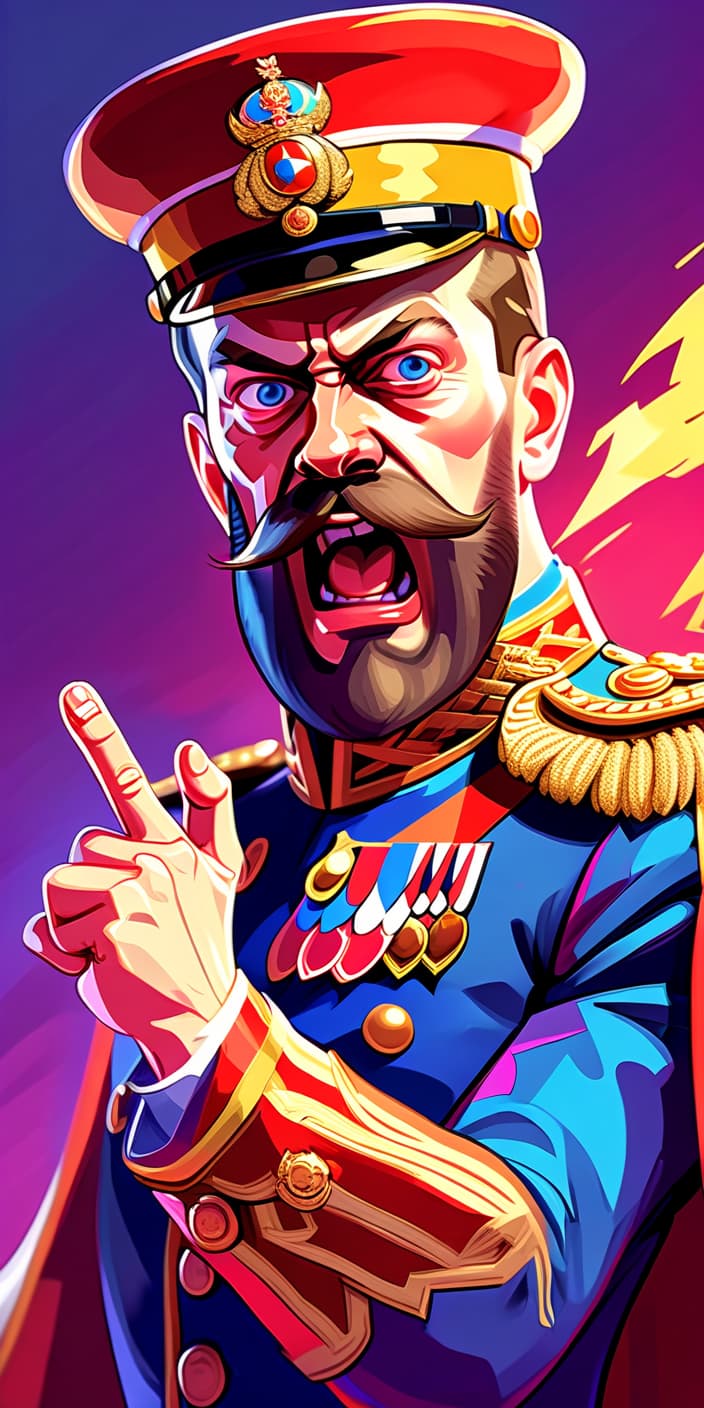  fighting game style tsar nicholas ii screams and points with a finger . dynamic, vibrant, action packed, detailed character design, reminiscent of fighting video games