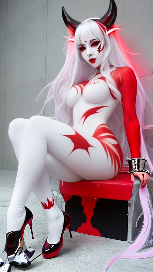  Full body red flame pattern body paint,silver body paint on the whole body, White face paint on the face, succubus 女性