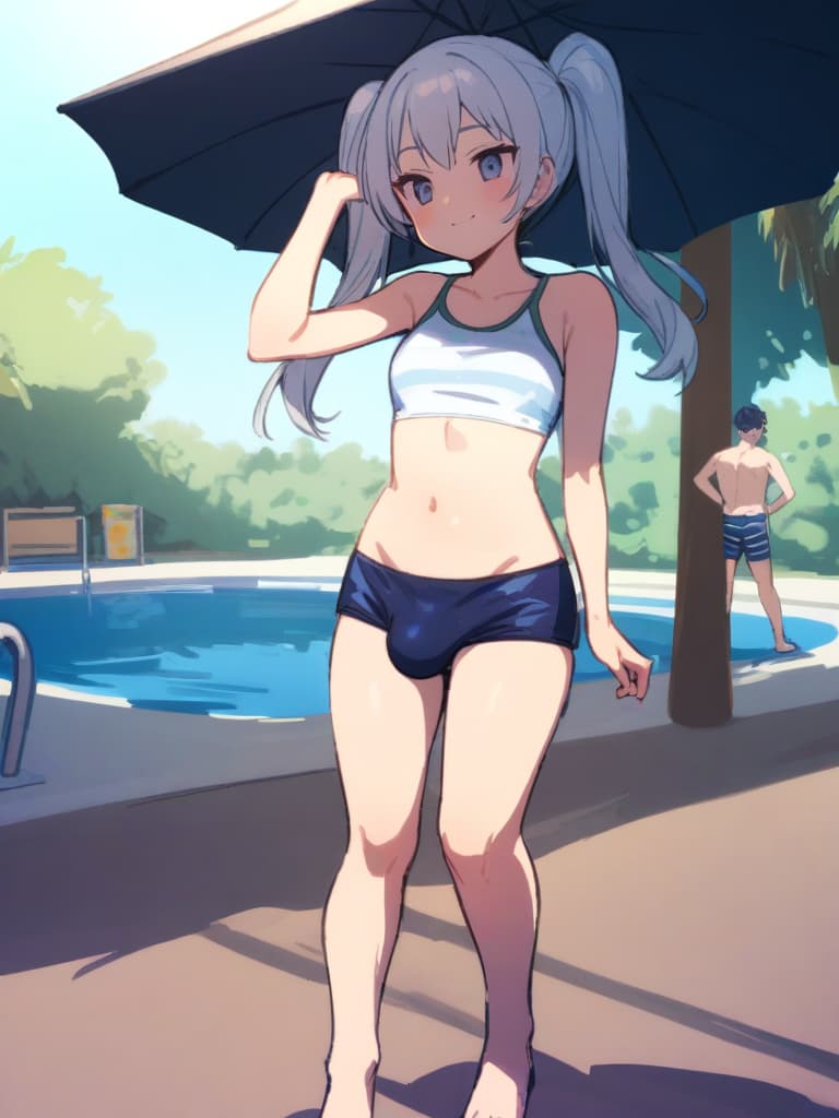  women's elementary students (male), twin tails, cute smiles, rich s, low stature, dark blue swimwear, old swimwear, , simple, , (bulge), male (bulging), front, whole body, pool side,