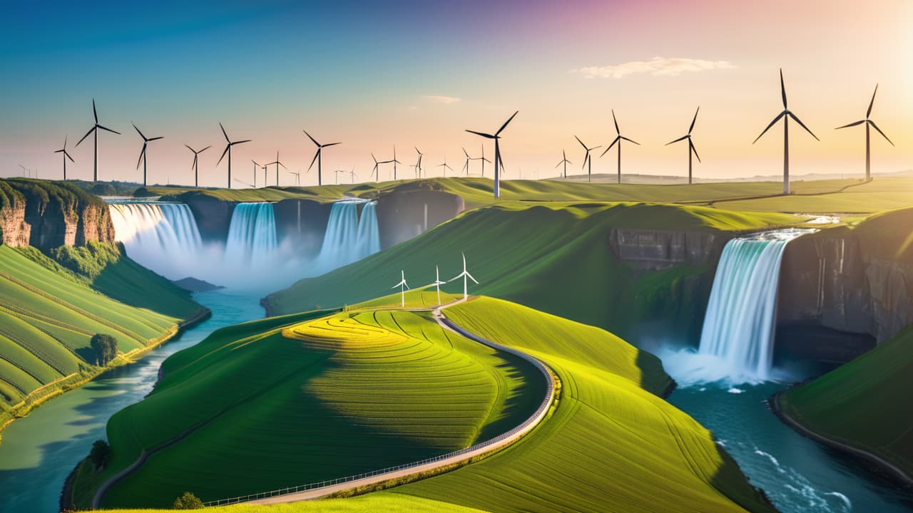  a serene landscape showcasing a vibrant wind farm with towering turbines against a clear blue sky, solar panels glinting in the sunlight on rolling hills, and a cascading waterfall symbolizing hydroelectric power. hyperrealistic, full body, detailed clothing, highly detailed, cinematic lighting, stunningly beautiful, intricate, sharp focus, f/1. 8, 85mm, (centered image composition), (professionally color graded), ((bright soft diffused light)), volumetric fog, trending on instagram, trending on tumblr, HDR 4K, 8K