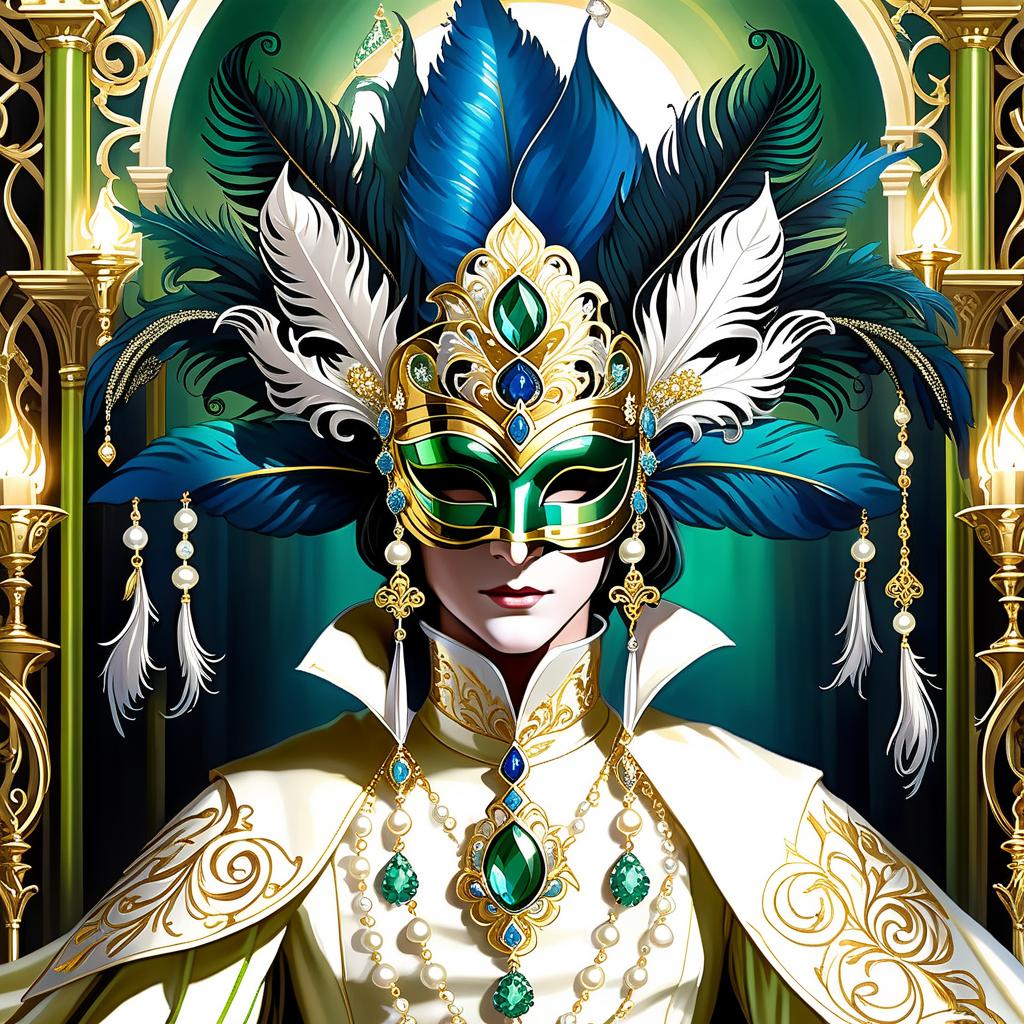  dreamscape (background):black silk cloak, topazes, rubies, emeralds, gold candlestick with white gold flame. ((the eye slits reflect the contours of the palaces and canals of venice1,9)). ((half mask columbine) a mask covering only part of the face. silver mask:with gold patterned ornamentation. colours:light green, blue, pearl cream, peacock feathers, gold and silver beads, gold leaf, gemstones, venetian lace, rhinestones, beads. (style):fantasy, renaissance, dream, mystery, mystery, dream, italy, venice, barcarolle, minestrel. . surreal, ethereal, dreamy, mysterious, fantasy, highly detailed