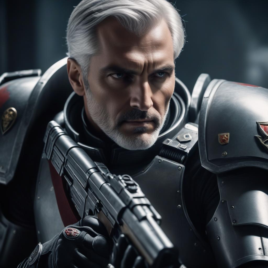  cinematic film still big cybernetic arm, officer of the imperial guard from warhammer 40,000, with gray hair and burns on his face and boltpistol in his arm . shallow depth of field, vignette, highly detailed, high budget, bokeh, cinemascope, moody, epic, gorgeous, film grain, grainy