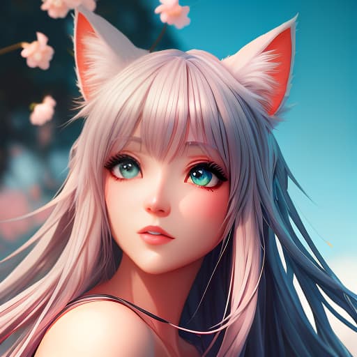  a close up of a person with a cat ear, olchas logan cure liang xing, beautiful kawaii lighting, sky and ocean background, clean borders ; photorealistic, freya, soft coloring, brigitte, 3 d artwork, inspired by Pu Hua, fox, 1 0, kawai, sona, blossom sakura, full image hyperrealistic, full body, detailed clothing, highly detailed, cinematic lighting, stunningly beautiful, intricate, sharp focus, f/1. 8, 85mm, (centered image composition), (professionally color graded), ((bright soft diffused light)), volumetric fog, trending on instagram, trending on tumblr, HDR 4K, 8K