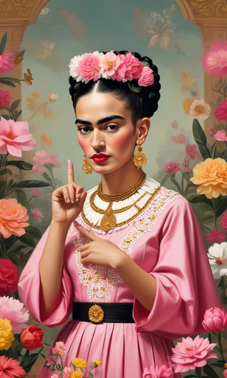  concept art color pink, white, black, gold courtroom frida kahlo holds a heavy weight on one finger. many flowers . digital artwork, illustrative, painterly, matte painting, highly detailed, perfect hands