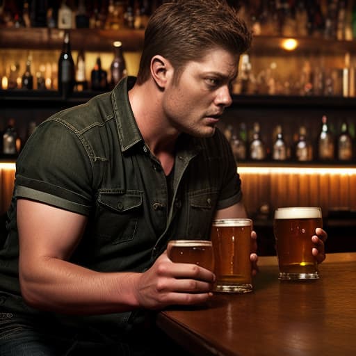  dean winchester drinks beer in a bar with a man very similar to karl urban, dark , creepy , blood , monsters , by jason engle , carlos huante , charlie bowater , simon lee , brom