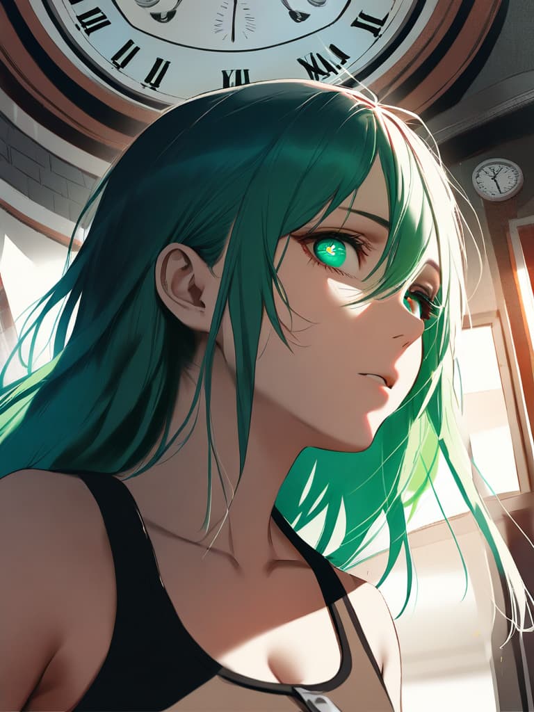  1girl,green hair,(((in your eyes the clock is ticking:1.8))),realistic