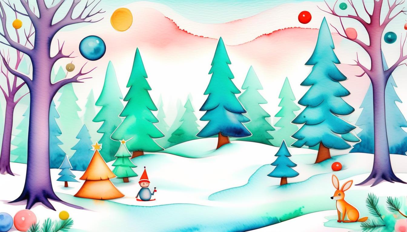  pop art style (painted) (watercolor) cute new year's background, winter forest, soft shades, thin (contours with ink), cartoon effect, objects at the edges of the sheet, the middle is empty, many details, masterpiece, harmonious composition . bright colors, bold outlines, popular culture themes, ironic or kitsch