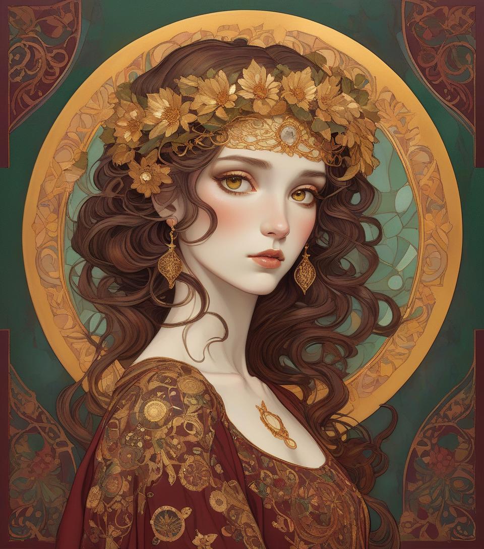  an illustration of a woman with a decorative halo, reminiscent of art nouveau style, featuring intricate patterns and gold accents. beautiful portrait. colors kale, gold, rust, burgundy, black. an illustration of a woman with hazel eyes, a decorative metallic gold halo, reminiscent of art nouveau style, featuring intricate patterns and gilded accents, created in the detailed painting technique reminiscent of the style of gustav klimt's work.