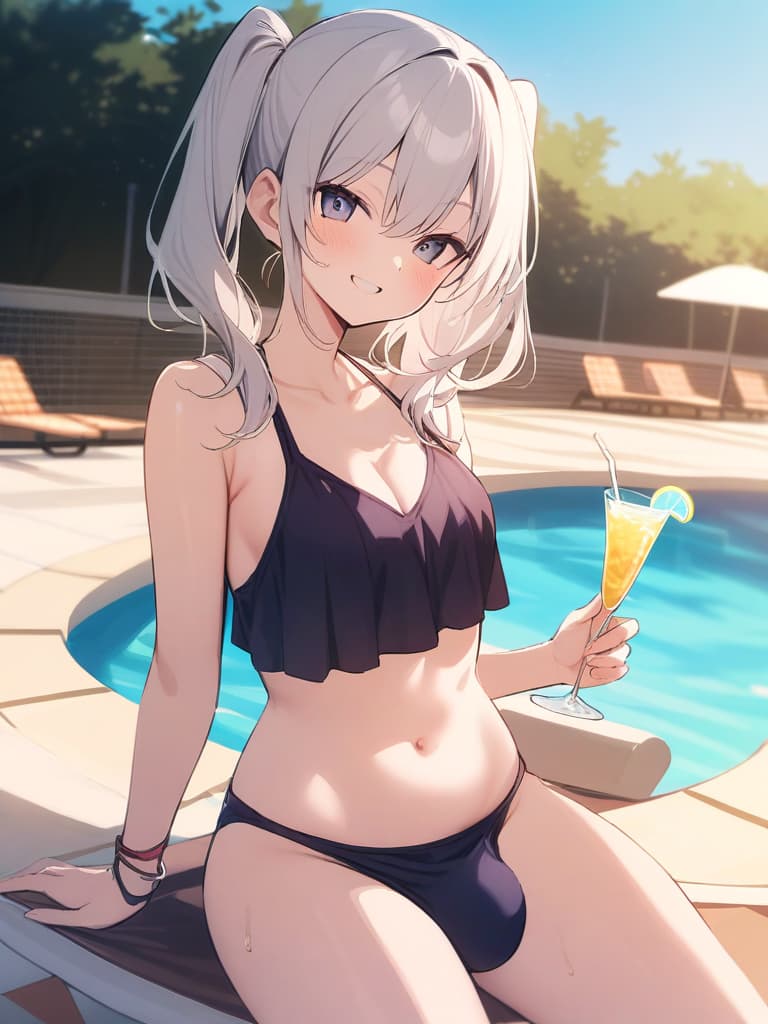  women's elementary students, twin tails, rich smiles, cute smiles, navy blue swimwear, old swimwear, swimwear, simple, male, shaped clear , shaped clear, clear stem, shaped crisp, male bulge,, front. the whole body, pool side,