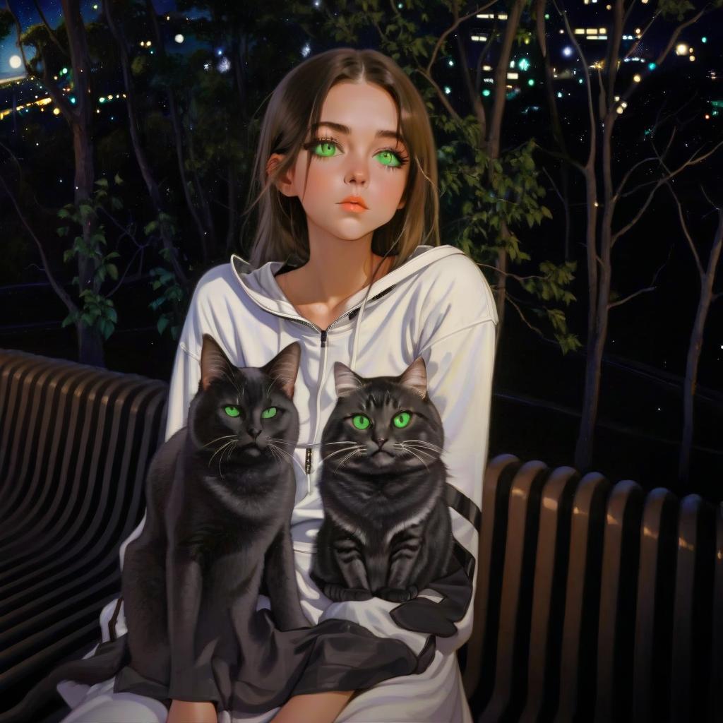  girl with dark green eyes, two cats, space in the background, love of music, idol,