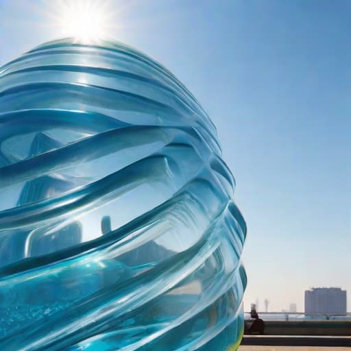  museum, modern architecture, shaped like crumpled plastic water bottle, transparent plastic, irregularly twisted and compressed cylindrical form, clear with a slight blue tint, smooth with creased and indented surfaces, deformation, twisting, compression, dynamic and chaotic; conveys fragility and movement, sunlit, urban skyline backdrop hyperrealistic, full body, detailed clothing, highly detailed, cinematic lighting, stunningly beautiful, intricate, sharp focus, f/1. 8, 85mm, (centered image composition), (professionally color graded), ((bright soft diffused light)), volumetric fog, trending on instagram, trending on tumblr, HDR 4K, 8K