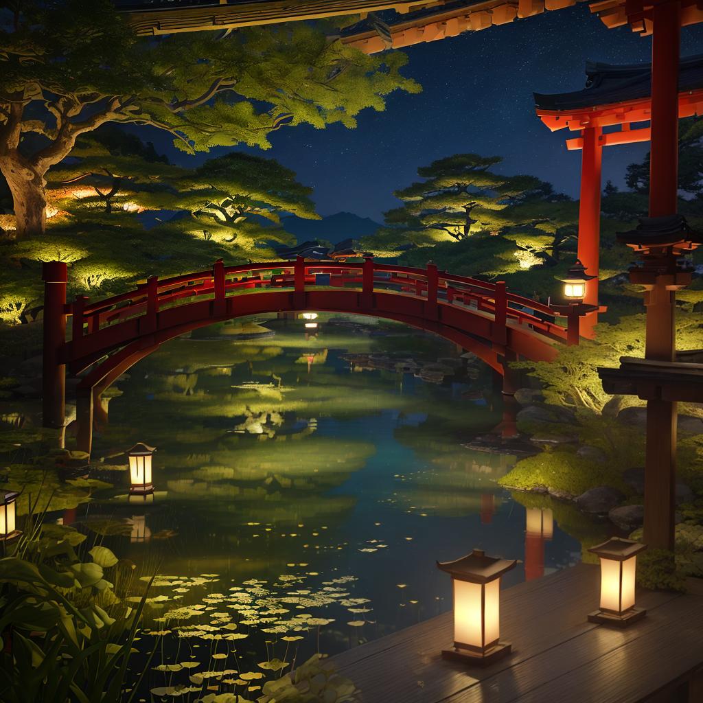  masterpiece, best quality, (fidelity:1.4), best quality, masterpiece, ultra high resolution, 8k resolution, night view inspired by Japanese art, featuring a garden illuminated by paper lanterns and a wooden bridge spanning a tranquil lake with a small Zen temple beside the lake.