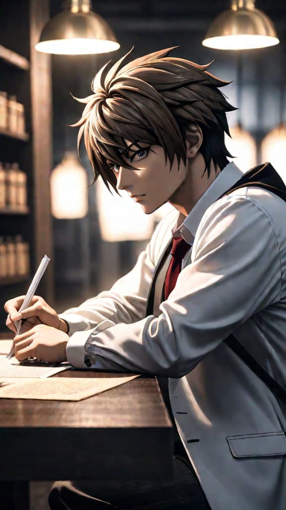  anime art, another human using the death note (from death note) to erase their own traumatic memories, safe for work hyperrealistic, full body, detailed clothing, highly detailed, cinematic lighting, stunningly beautiful, intricate, sharp focus, f/1. 8, 85mm, (centered image composition), (professionally color graded), ((bright soft diffused light)), volumetric fog, trending on instagram, trending on tumblr, HDR 4K, 8K