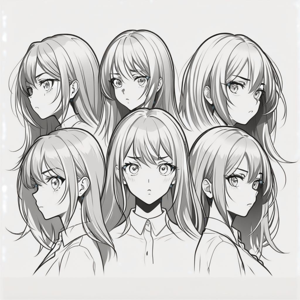  line art drawing 6 girl head different angle, bottom view, long hair, same nightmare. anime style . professional, sleek, modern, minimalist, graphic, line art, vector graphics