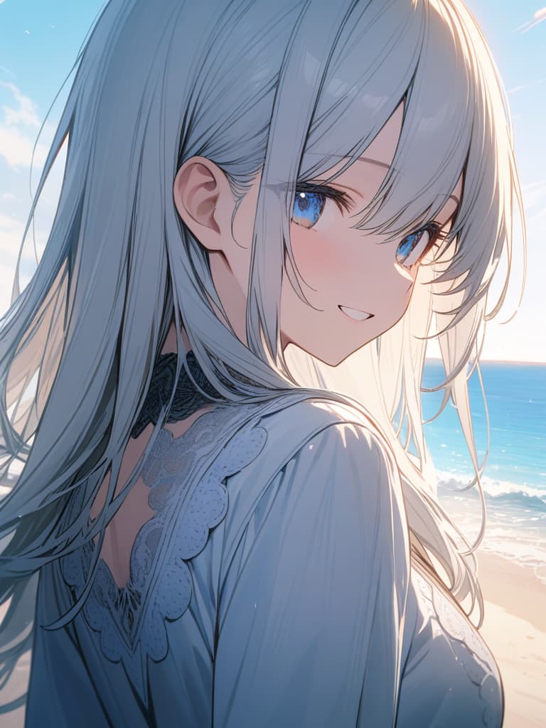  girls, long hair, white hair, blue eyes, smiles, upper portraits, ports, arms, hair fluttering, white dress, front, along the sea, smiling, smiling, smiling., masterpiece, best quality,8k,ultra detailed,high resolution,an extremely delicate and beautiful,hyper detail