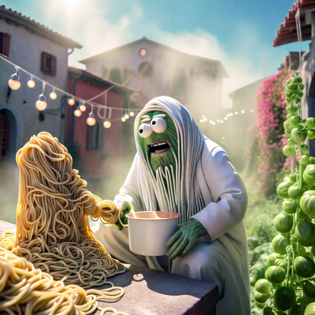  an innocent villager traveling in space is face to face with the spaghetti monster. hyperrealistic, full body, detailed clothing, highly detailed, cinematic lighting, stunningly beautiful, intricate, sharp focus, f/1. 8, 85mm, (centered image composition), (professionally color graded), ((bright soft diffused light)), volumetric fog, trending on instagram, trending on tumblr, HDR 4K, 8K