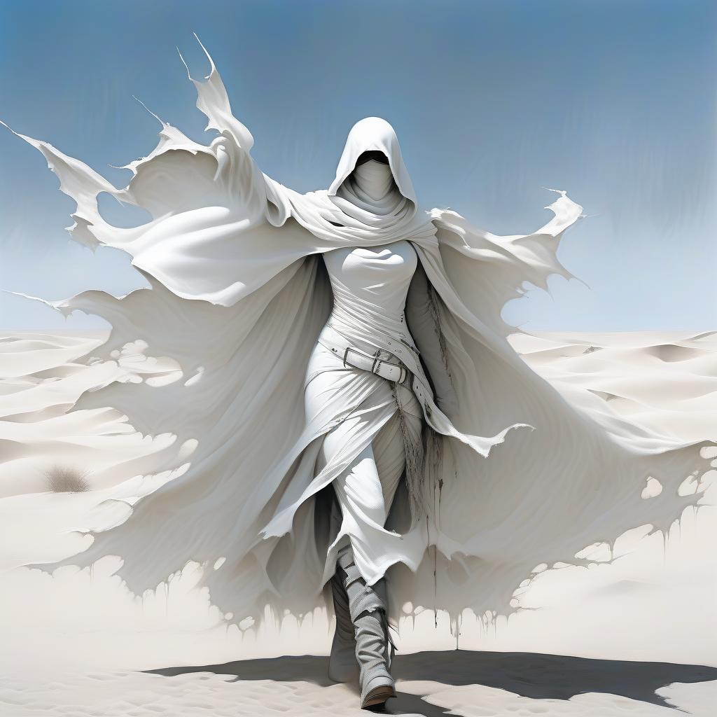  macabre style fantasy girl in a white scarf on the lower part of her face, in a white, white ragged, leaky cloak, in white gloves. black and steel buckle on the chest, on the cloak. . dark, gothic, grim, haunting, highly detailed