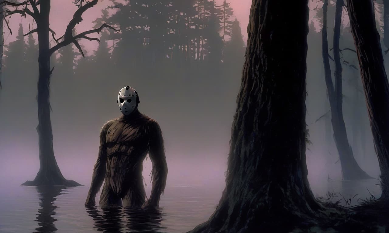  jason voorhees watches from behind a tree a naked woman about to swim in a lake. the lake is foggy, with a dense forest in the background.