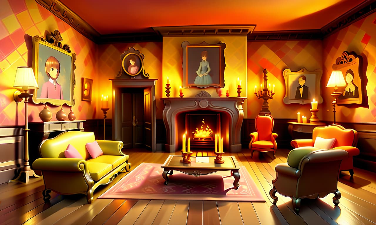  kawaii style furnished room of the family castle, parquet floor, on the walls of the room paintings, in the background fireplace, few candles illuminate the room, lighting only from candles and fireplace, shadow . cute, adorable, brightly colored, cheerful, anime influence, highly detailed, on parchment, oil painting, glowneon