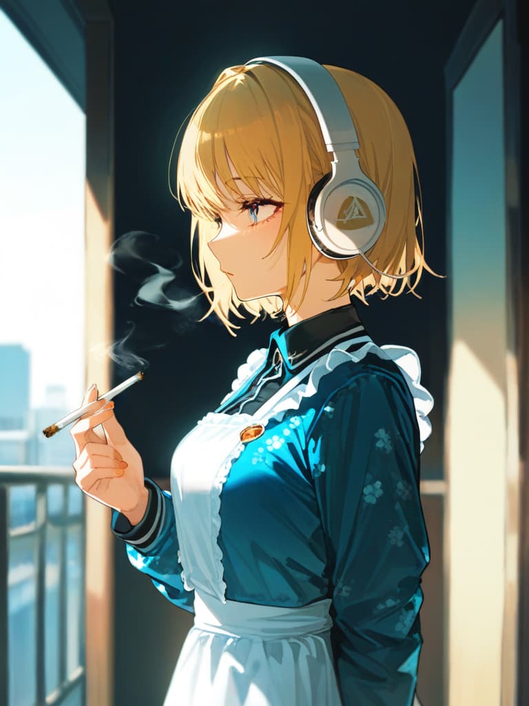  a who smokes cigarettes, a wearing a cigarette, a wearing headphones, a with a blonde bob cut, the whole body, souvenir jacket, maid cosplay, standing, black frill , white apron, sky blue jacket, masterpiece, best quality,8k,ultra detailed,high resolution,an extremely delicate and beautiful,hyper detail