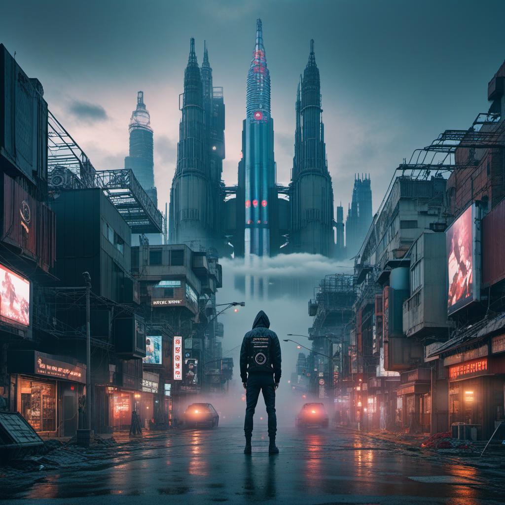  an epic album cover, splicor and aphex twin with a dystopian feel., ((anime)) hyperrealistic, full body, detailed clothing, highly detailed, cinematic lighting, stunningly beautiful, intricate, sharp focus, f/1. 8, 85mm, (centered image composition), (professionally color graded), ((bright soft diffused light)), volumetric fog, trending on instagram, trending on tumblr, HDR 4K, 8K