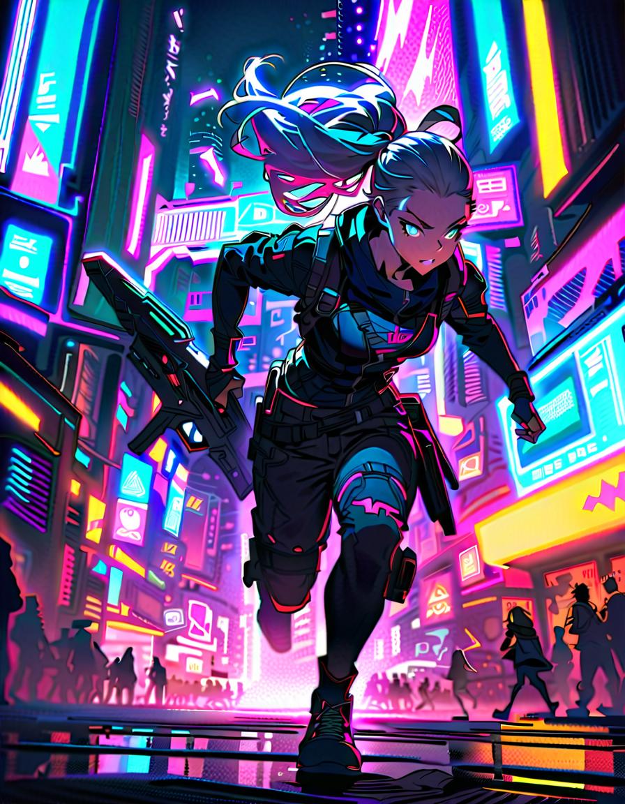  young male, holding a futuristic weapon, running, determined, break cyberpunk cityscape, neon lit street, graffiti covered walls, holographic billboards, flying vehicles, neon signs, break high energy, dynamic pose, vibrant colors, glowing effects, futuristic elements,