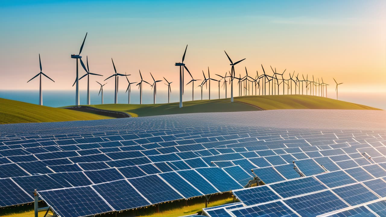  a vibrant landscape showcasing solar panels glistening under a bright sun, wind turbines gracefully spinning on rolling hills, and a serene ocean with offshore wave energy converters, all harmoniously coexisting in a clear blue sky. hyperrealistic, full body, detailed clothing, highly detailed, cinematic lighting, stunningly beautiful, intricate, sharp focus, f/1. 8, 85mm, (centered image composition), (professionally color graded), ((bright soft diffused light)), volumetric fog, trending on instagram, trending on tumblr, HDR 4K, 8K