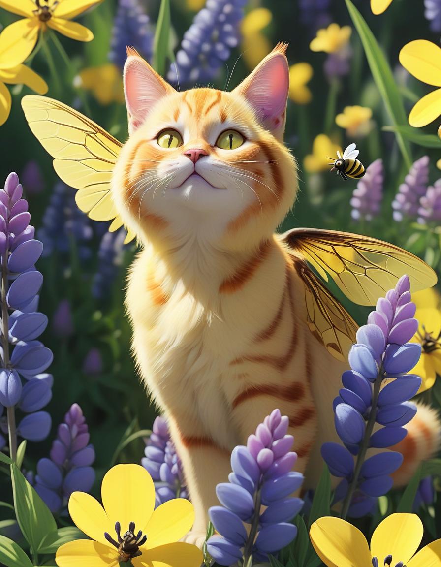  draw a yellow cat in a bee with wings, which is among the purple flowers of lupin, sticker