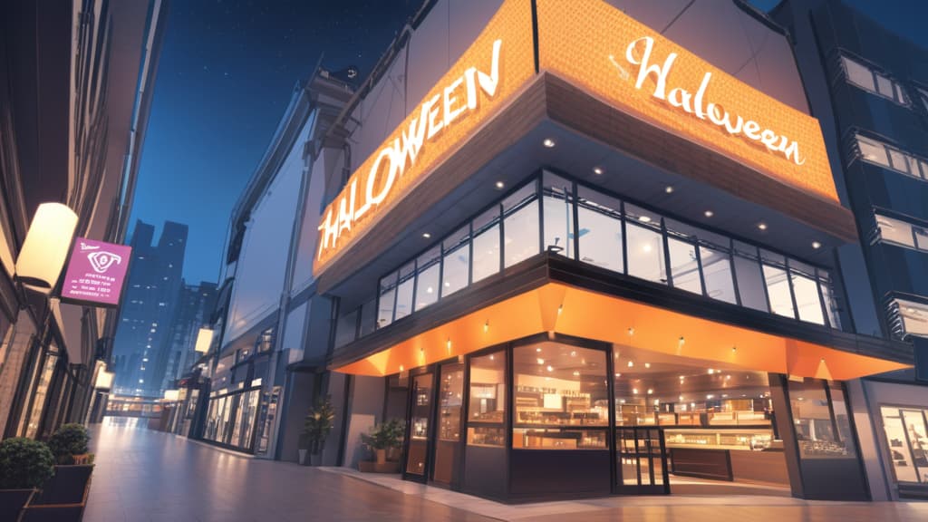  inside coffee shop in the city decorated with halloween decor at night